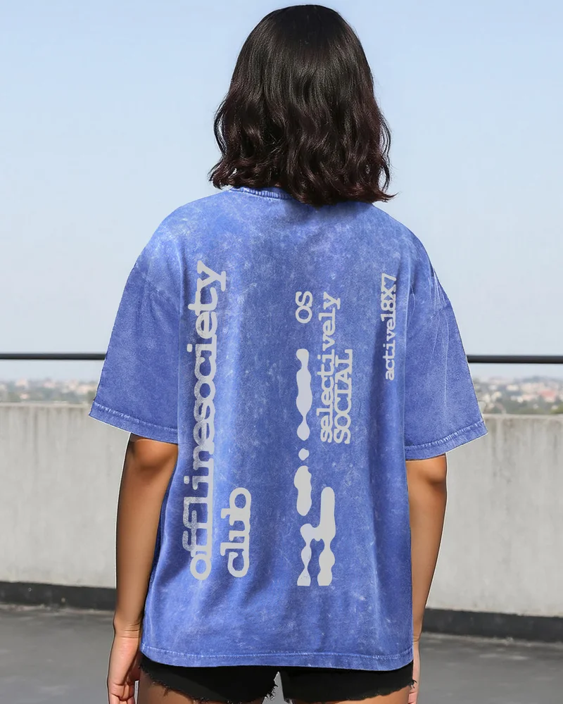 بيواكوف Women's Blue Active Typography Oversized Acid Wash T-shirt